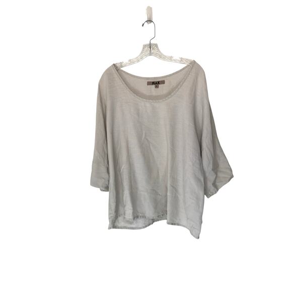 Flax Blouse Beige Linen Short Sleeve‎ Scoop Neck Lagenlook Coastal Grandma Large - Picture 1 of 12